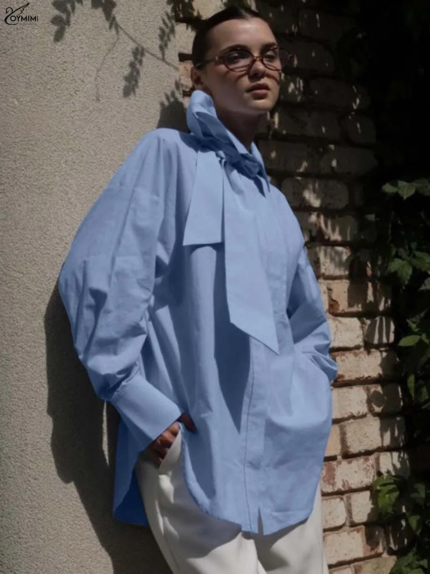 Oymimi Fashion Niebieskie Bawełniane Bluzki Damskie Eleganckie Bluzki z Kołnierzykiem i Wiązaniem Casualowe Bluzki Wiązane Zapinane na Guziki Koszule Damskie