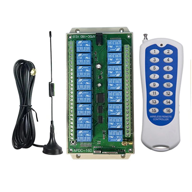 

433MHz DC12V 24V16CH RF Wireless Remote Control Switch Radio Receiver With 1000M Long Distance Remote controller Suckers antenna