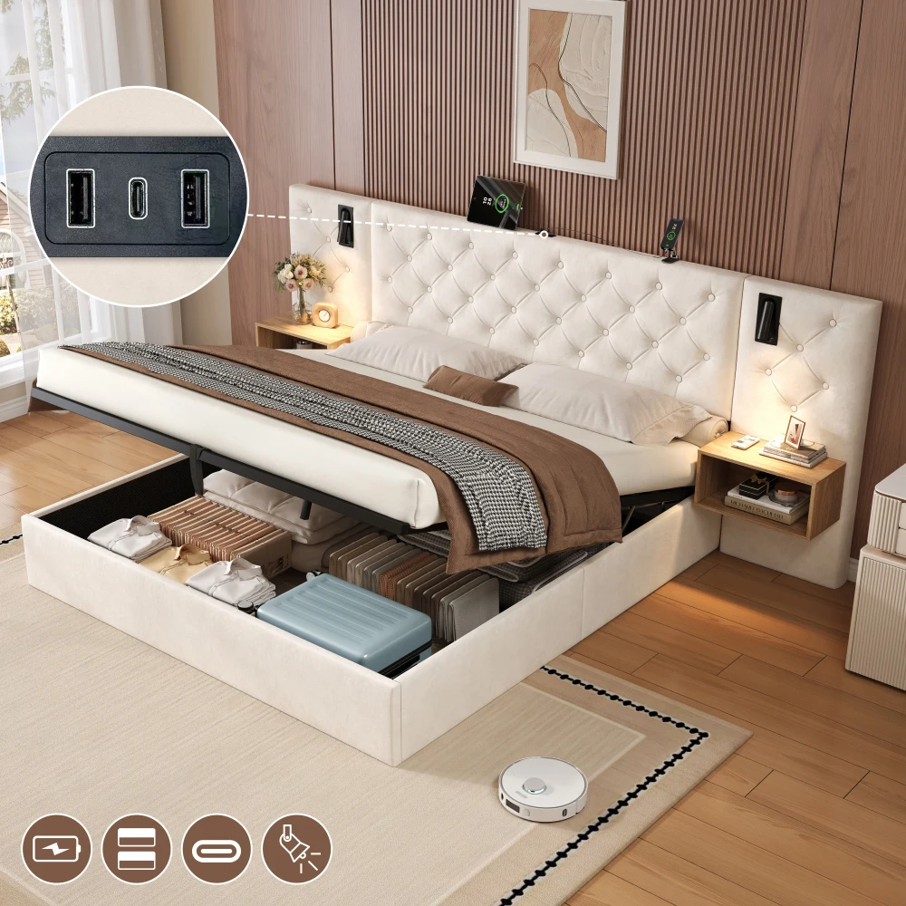 Ye King Upholstered Bed with Charging Station, Velvet Hydraulic Storage Bed with Reading Light, Beige (No Mattress)