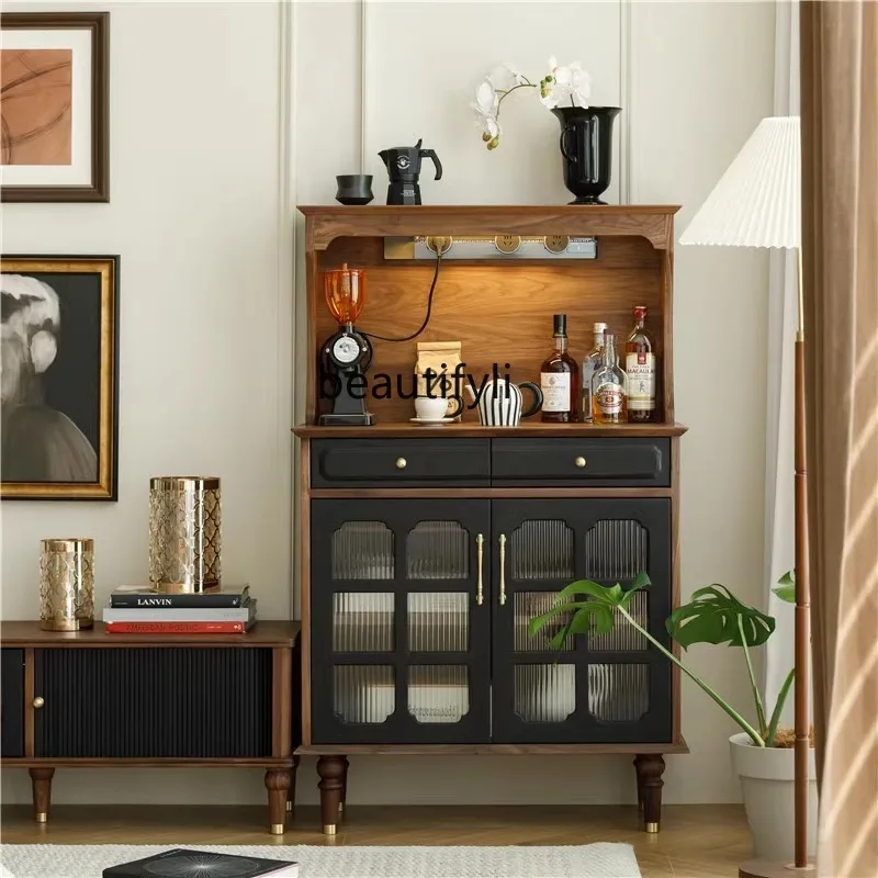 

French retro all-solid wood dining side cabinet, household cabinet, medieval style, kitchen storage, integrated cabinet