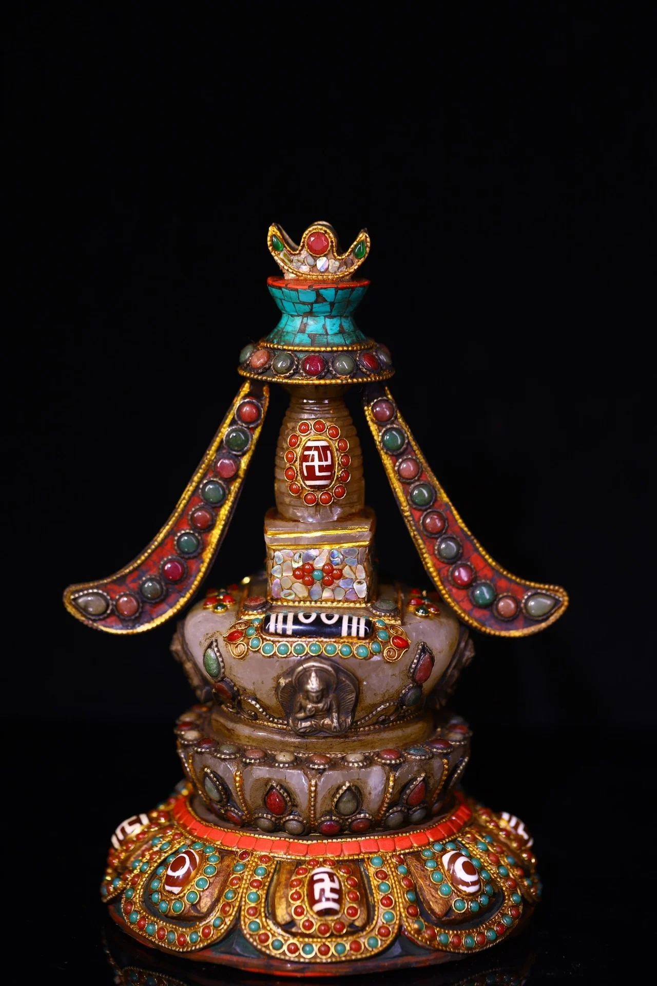 

8"Tibetan Temple Collection Old Crystal Mosaic Gem gZi Beads Turquoise Sakyamuni Buddha Pagoda Worship Hall Town house