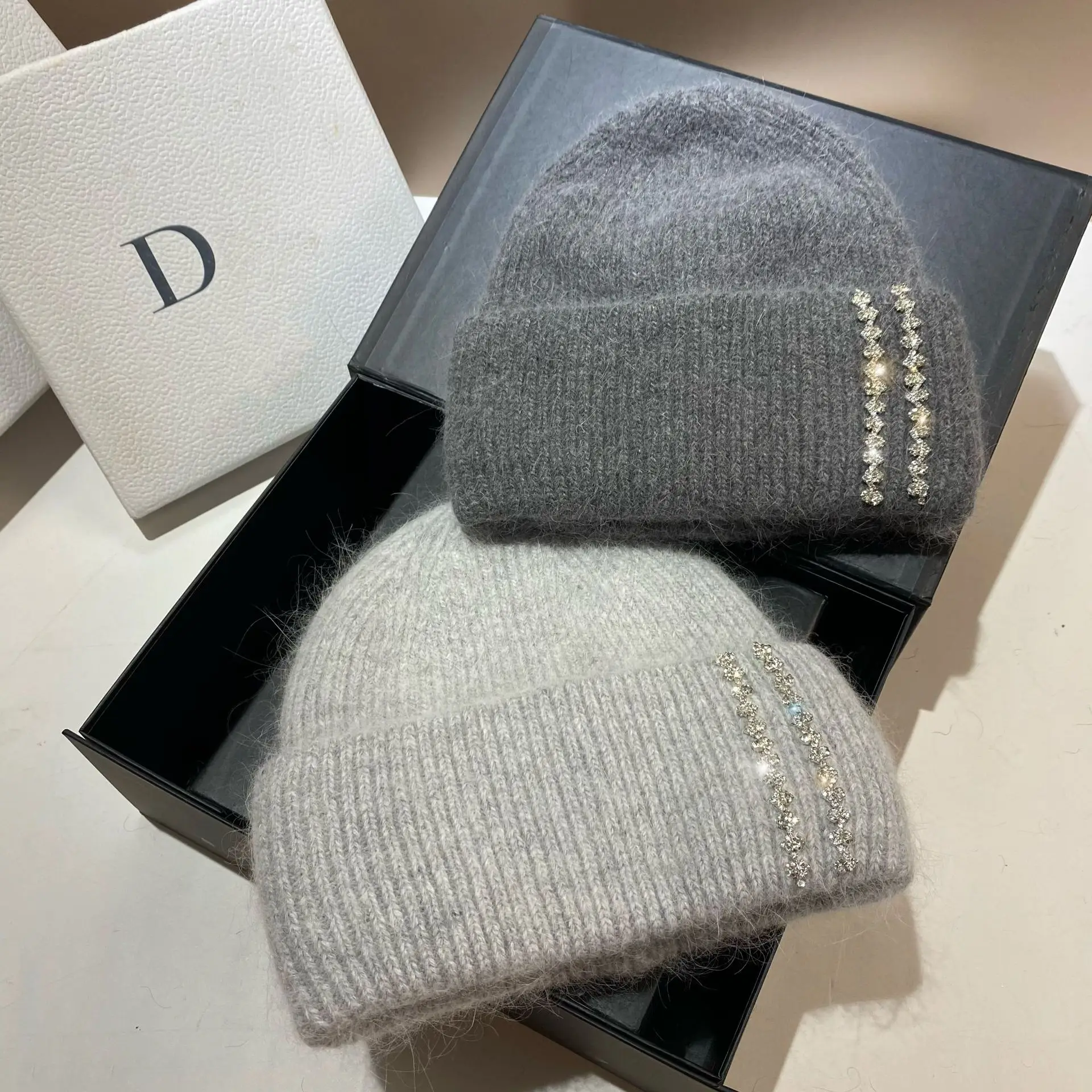 Lange Kaninchenhaar Doppelt gefaltete Strickmütze Modische Prominente Feng Shui Diamantmütze Winter Outdoor Warme Mütze – Detail 30