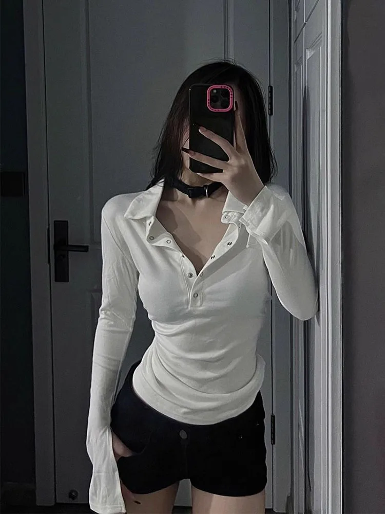 Sexy Lange Mouw T-shirt Vrouwen Koreaanse Chic Knop Slanke Tops Lente Mode Kantoor Dames Harajuku Turn Down Kraag Tees Nieuw