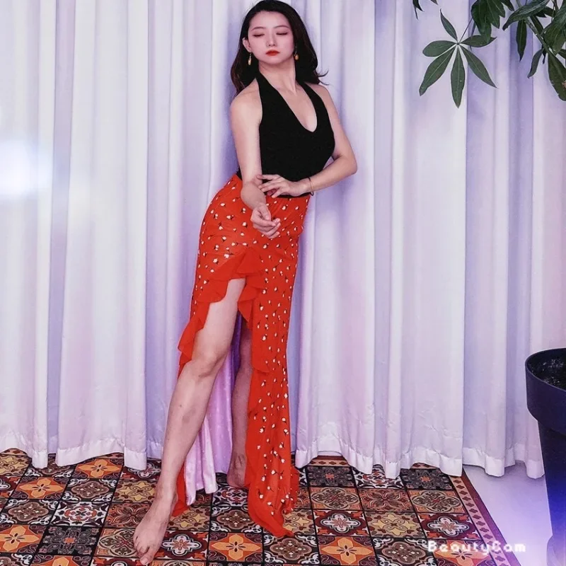 ที่กําหนดเอง Swegal Oriental Belly Dance ชุดแจ๊สดอกไม้สีแดงแยกสะโพกกระโปรงแขวนคอ Tank Top Caderines Danza Arabe