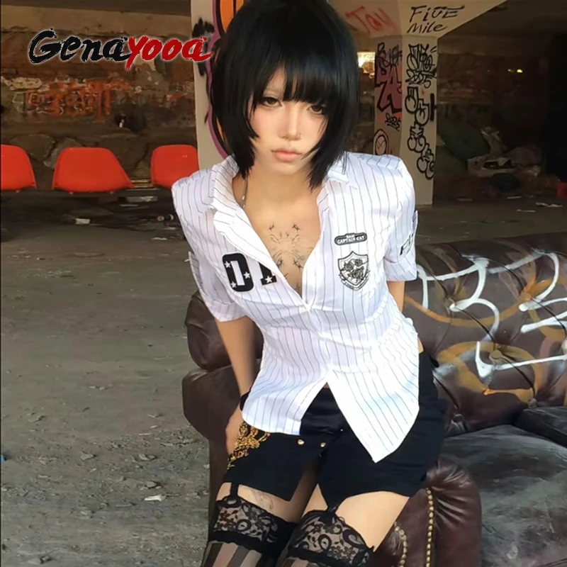 

Genayooa Y2k Japanese Striped Shirt Women Three Quarter Print Graphic Tops 2000s Aesthetic Tops Japanese Summer Crop Tops Grunge