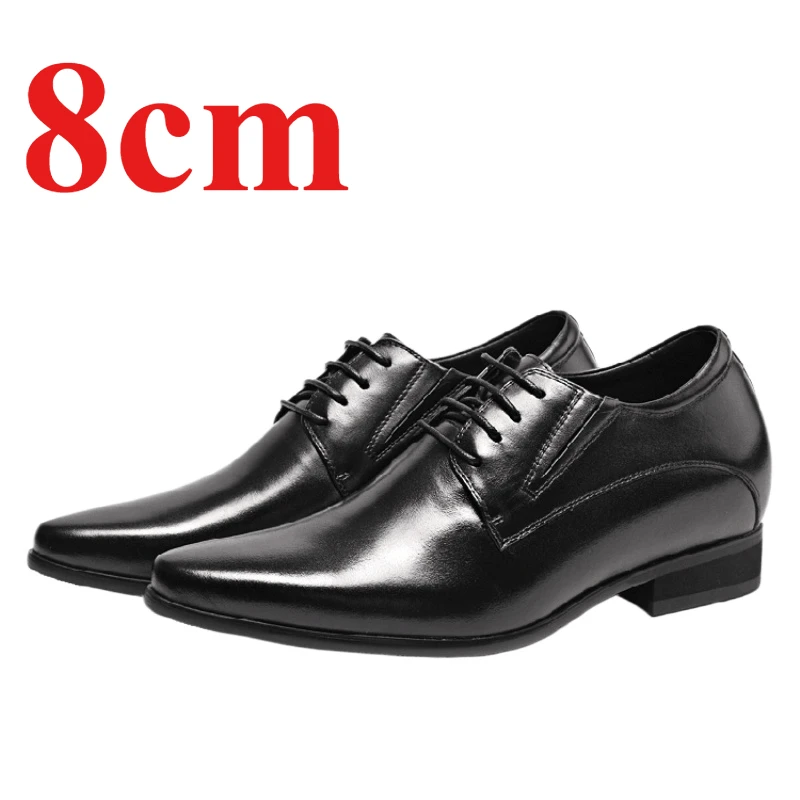 Height-increasing Shoes for Men's Formal Wear Cowhide Derby Shoes 8cm Wedding Pointed Comfortable Invisible Elevated Dress Shoes