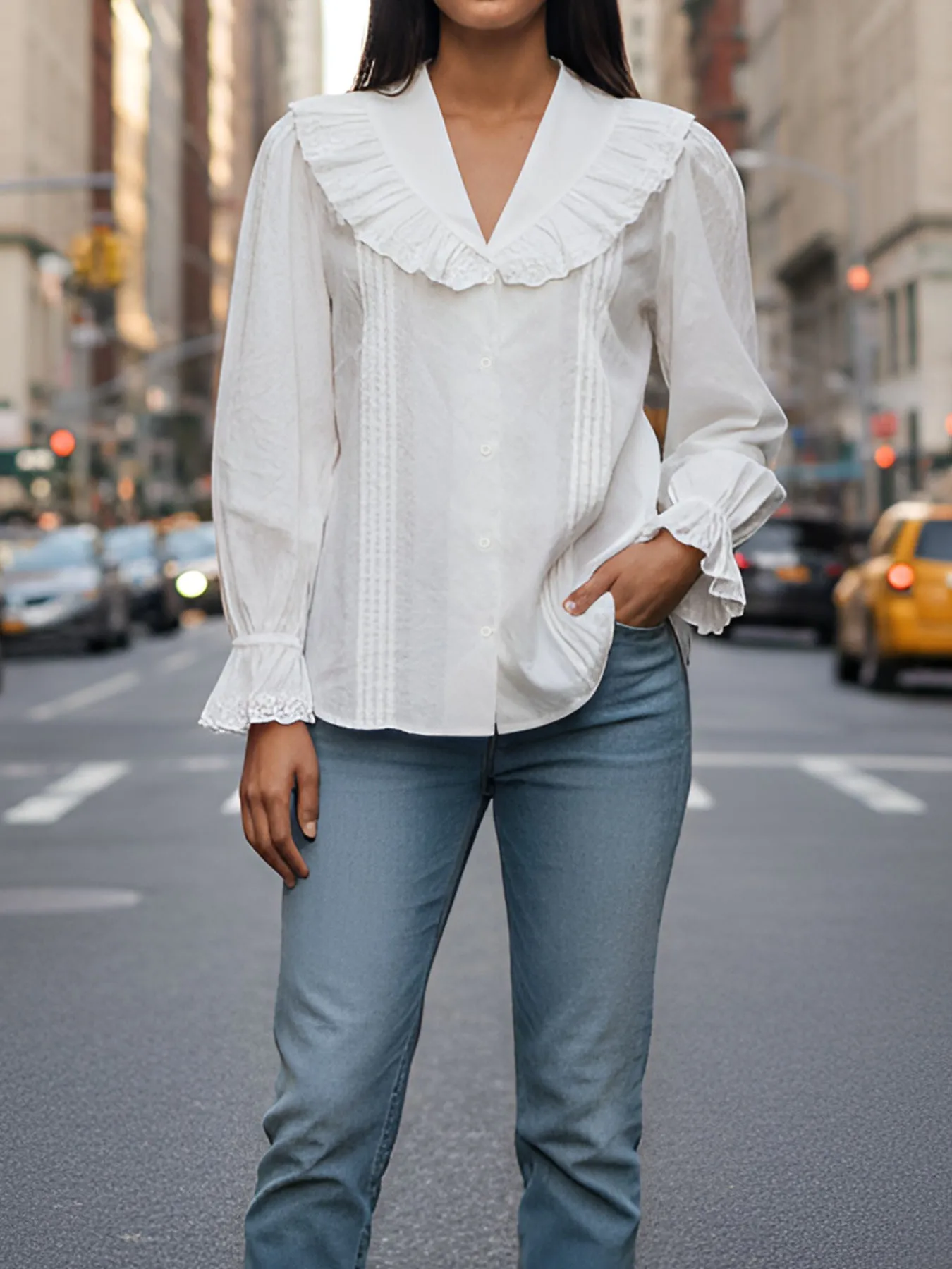 Women's 100% Cotton Long-Sleeve Top: Elegant V-Neck, Wide Collar, Single-Breasted Design with Lace-Trimmed Cuffs