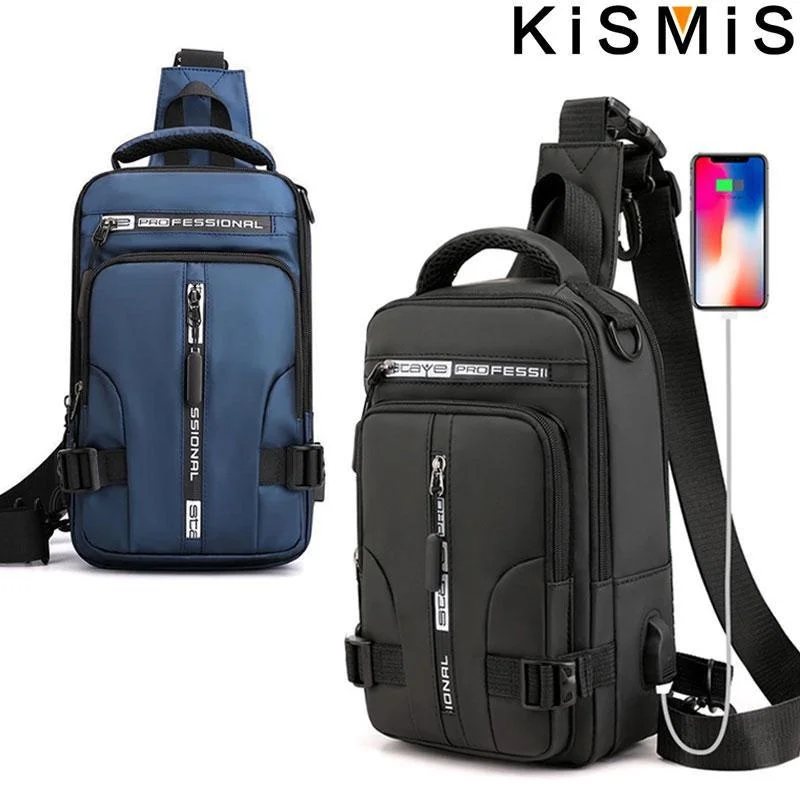 KISMIS Nylon Backpack Rucksack Cross Body Shoulder Bag with USB Charging Port Travel Male Knapsack Daypack Messenger Chest Bags