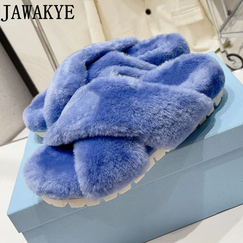 

Designer Brand Furry Shoes Wool Fur Cross Criss Flip Flops Ladies Casual Indoor Slippers Lux Italian Shoes Women