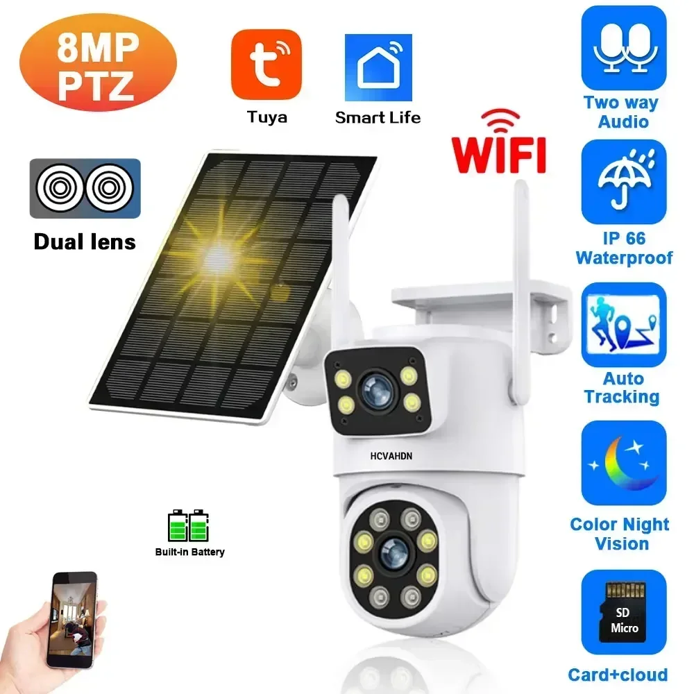 

Tuya Solar PTZ Camera Outdoor Dual Lens WiFi Solar Panel Security Camera 4K HD Wireless Video Surveillance Cam Built-in Battery