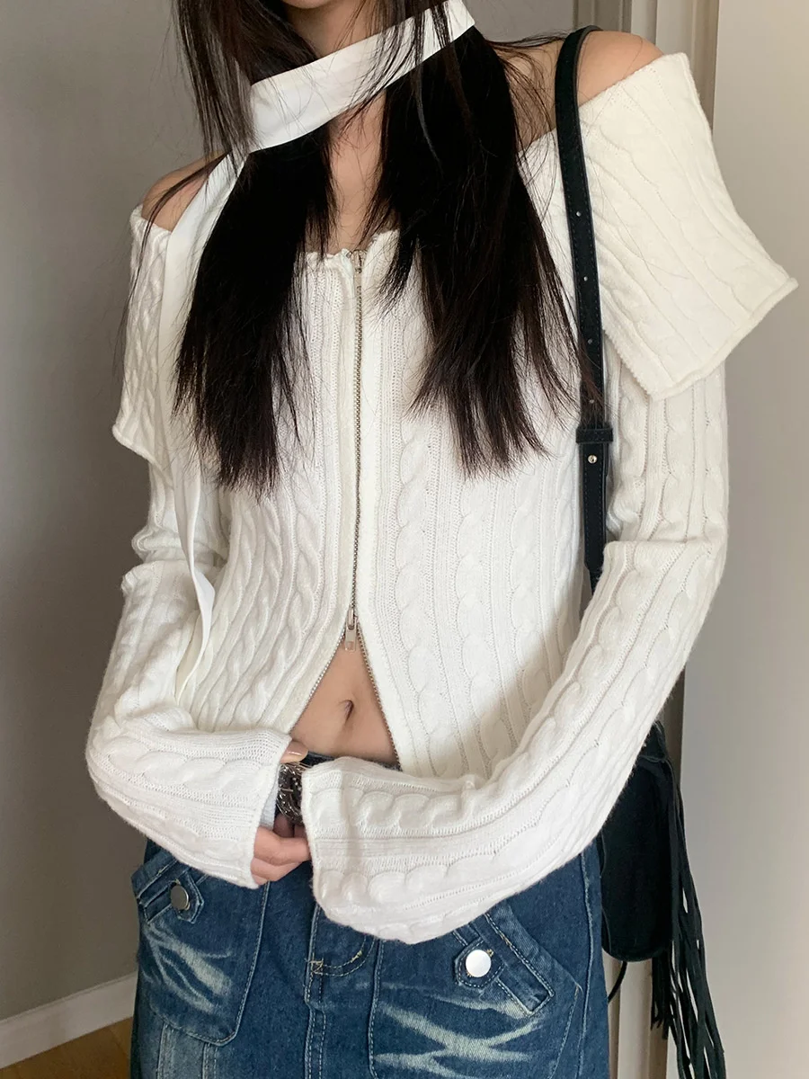CTRLLOCK Chic Solid Color Slash Neck Off Shoulder Knitted Cardigan Slim Women Long Sleeve Zipper Open Stitch