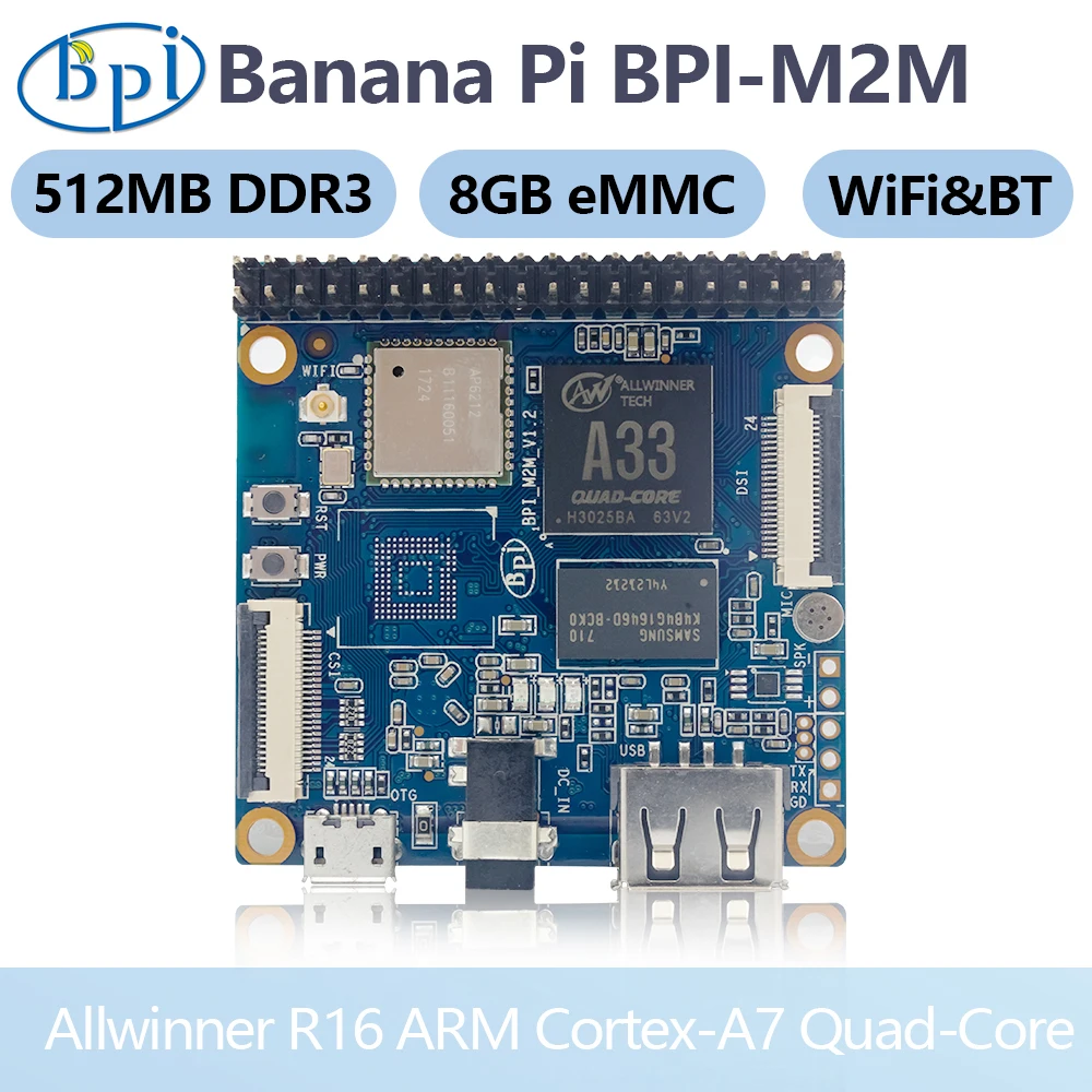 

Четырёхъядерный процессор Banana Pi BPI-M2M Allwinner A33 512 Мб DDR3 без eMMC с WiFi BT4.0 работает на Android 6,0 Linux Ubuntu Tina, одна плата