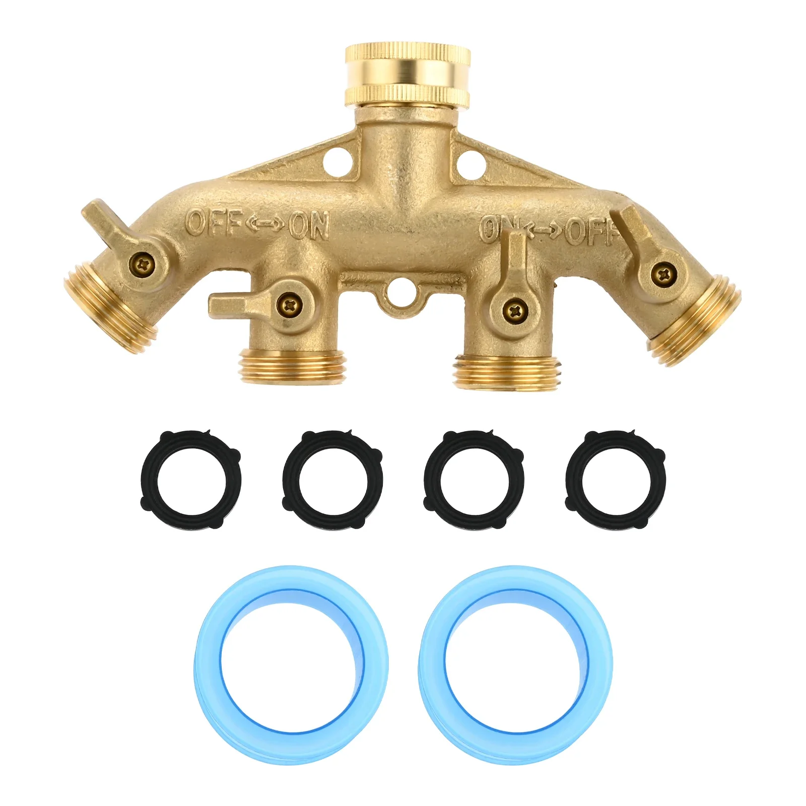 Brass 4 Way Hose Splitter Individually Controlled Garden Pipe Faucet Valve Quick Connector Adapter with Rubber Washer Seal Tape