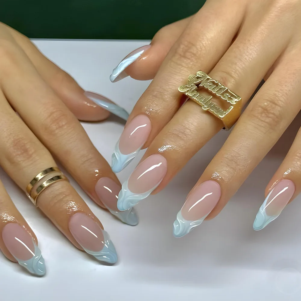 

24pcs Press on Nails Blue Three-Dimensional Water Ripple French Full Coverage Nail Tips for Women&Girl Removable Wearable Nail