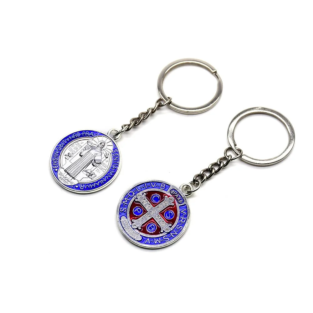 Llavero con colgante de Saint Benedict de Metal esmaltado azul, joyería religiosa, llavero