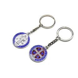 Blue Enamel Metal Saint Benedict Pendant Key Chain Religious Jewelry Key Ring