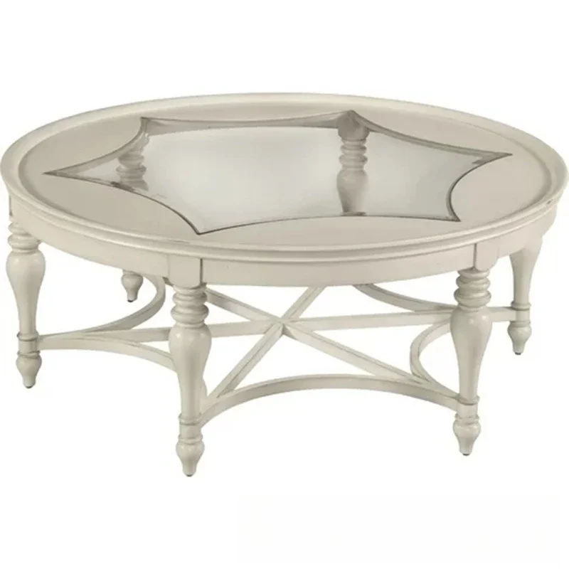 

American solid wood coffee table, living room ivory white old retro tea table round glass coffee table