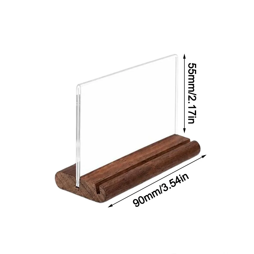 Transparent Acrylic Table Sign Card Holder Solid Wood Base Vertical Standing Price Display Stand Desktop Standing