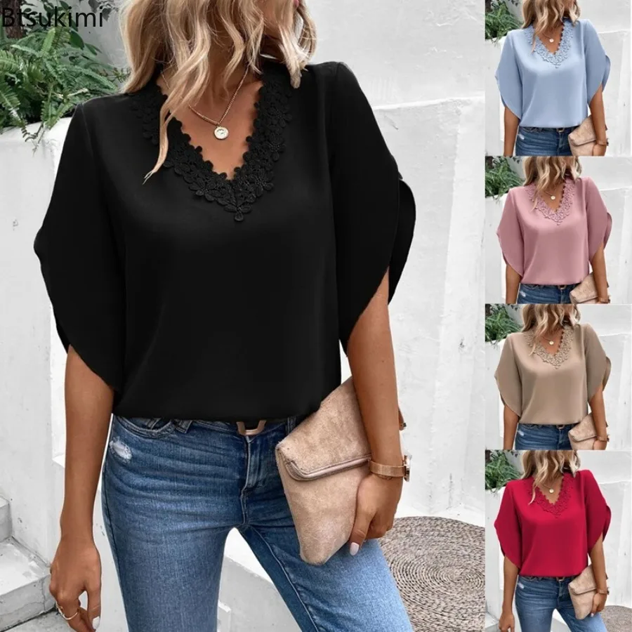 

2024 Fashion Flare Sleeve V Neck Blouses for Women Summer Loose Casual Solid Shirts Lace Splice Design Office Lady Elegant Tops