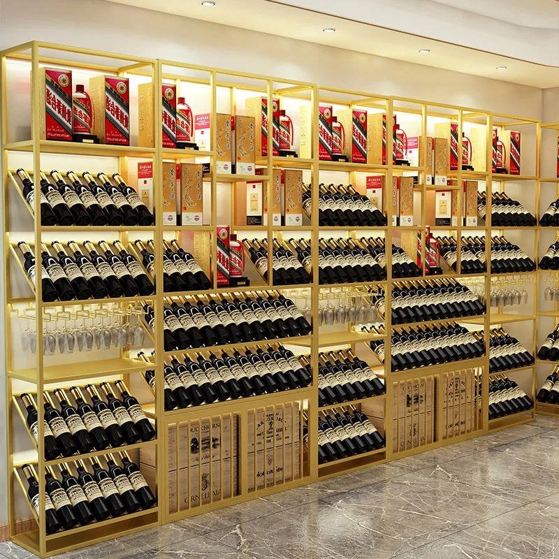 Winery Light Luxury Wrought Iron  Rack Bar Floor-to-ceiling  Cabinet Red  Storage Display Rack Glass Rack