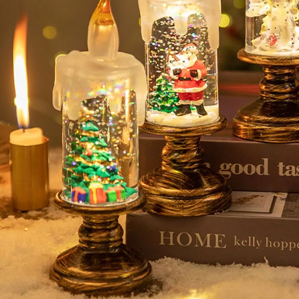 Velas LED luminosas de Navidad, luces con purpurina, árbol de Navidad, linterna de viento, vela eléctrica, Papá Noel, muñeco de nieve, luz nocturna Vintage