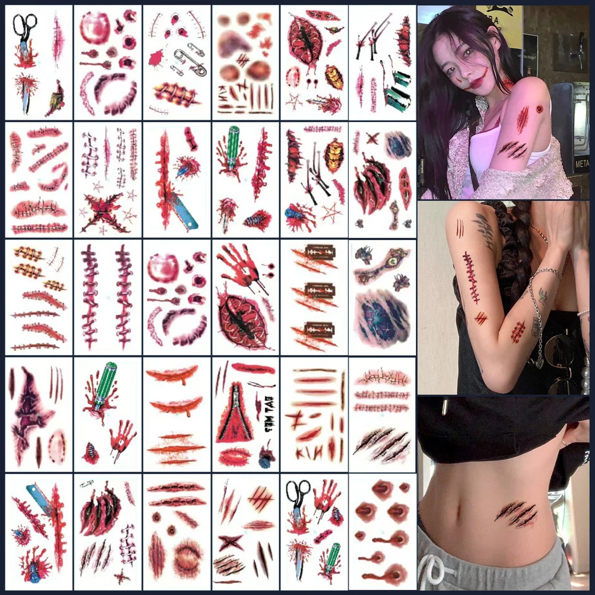 

TATTOO 30Pcs Halloween Theme Bloody Wound Tattoo Stickers Waterproof Temporary Face Makeup Women Men Party Favors Decoration