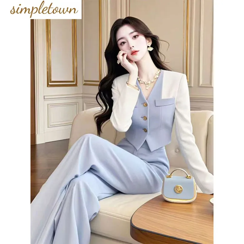 

Spring and Autumn Korean Version of High-end Temperament Goddess Style Blue Patchwork Suit Jacket Pants Two-piece Set