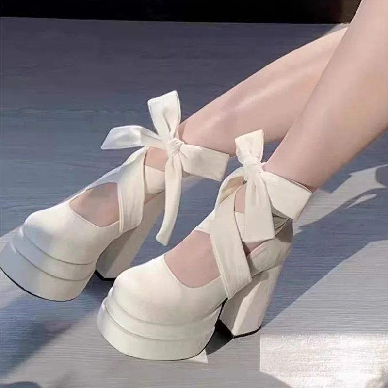 

Bow Super High Heels Mary Jane Shoes Elegant Fashion Chunky Shoes 2025 Autumn New Pumps Lolita Shoes Luxury Party Mujer Zapatos