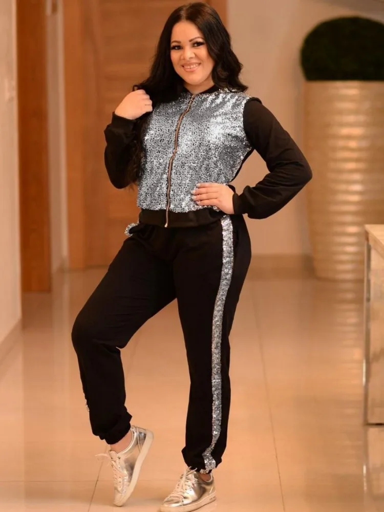 

2 Piece Women Sets 2025 New Arrival Autumn Winter Matching Sets Black Sequin Long Sleeve Top And Pants Suits Outfits Clothing