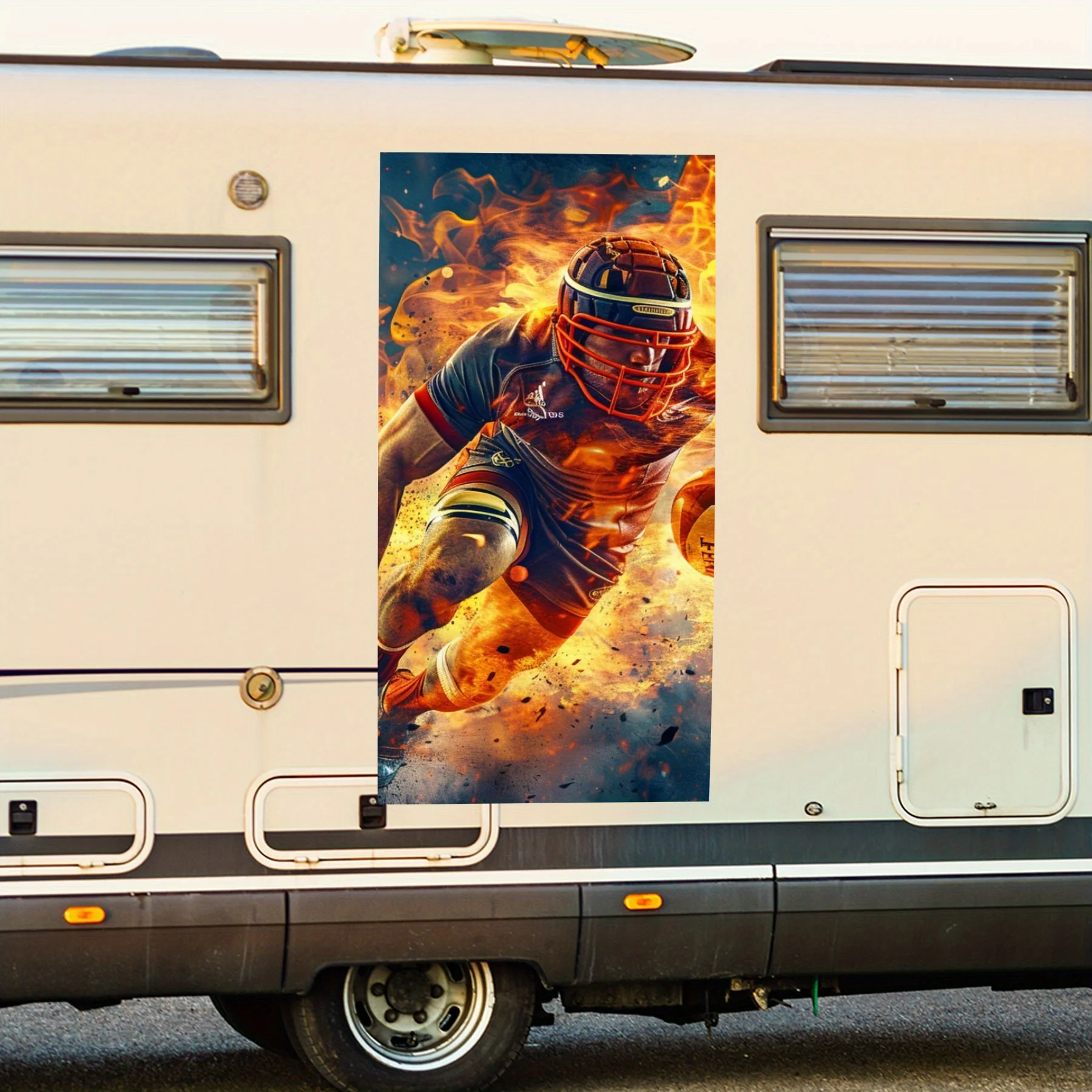 Rugby Player Flame Rush Motorhome Car Door Sticker PVC Self Waterproof Stick, Striking Auto Exterior Accessories Decor Protect G