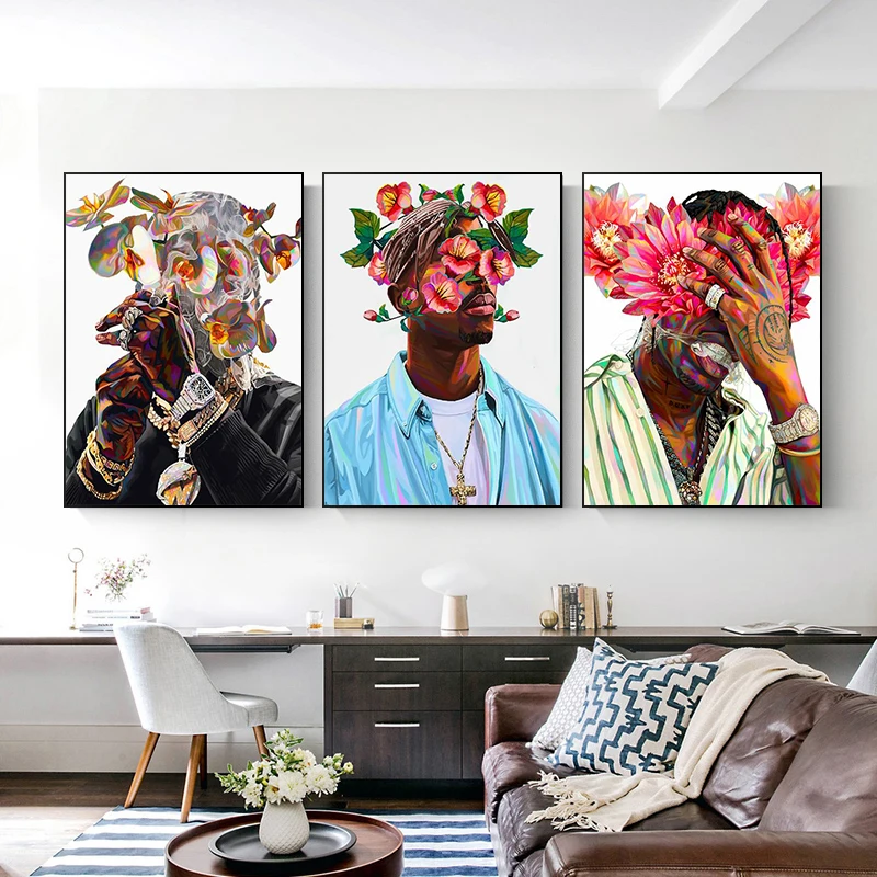 Rapper King Tupac Shakur Art Poster and Print Creative Design Hip Hop Star Poster Flowers Canvas Painting Boys Room Decoration