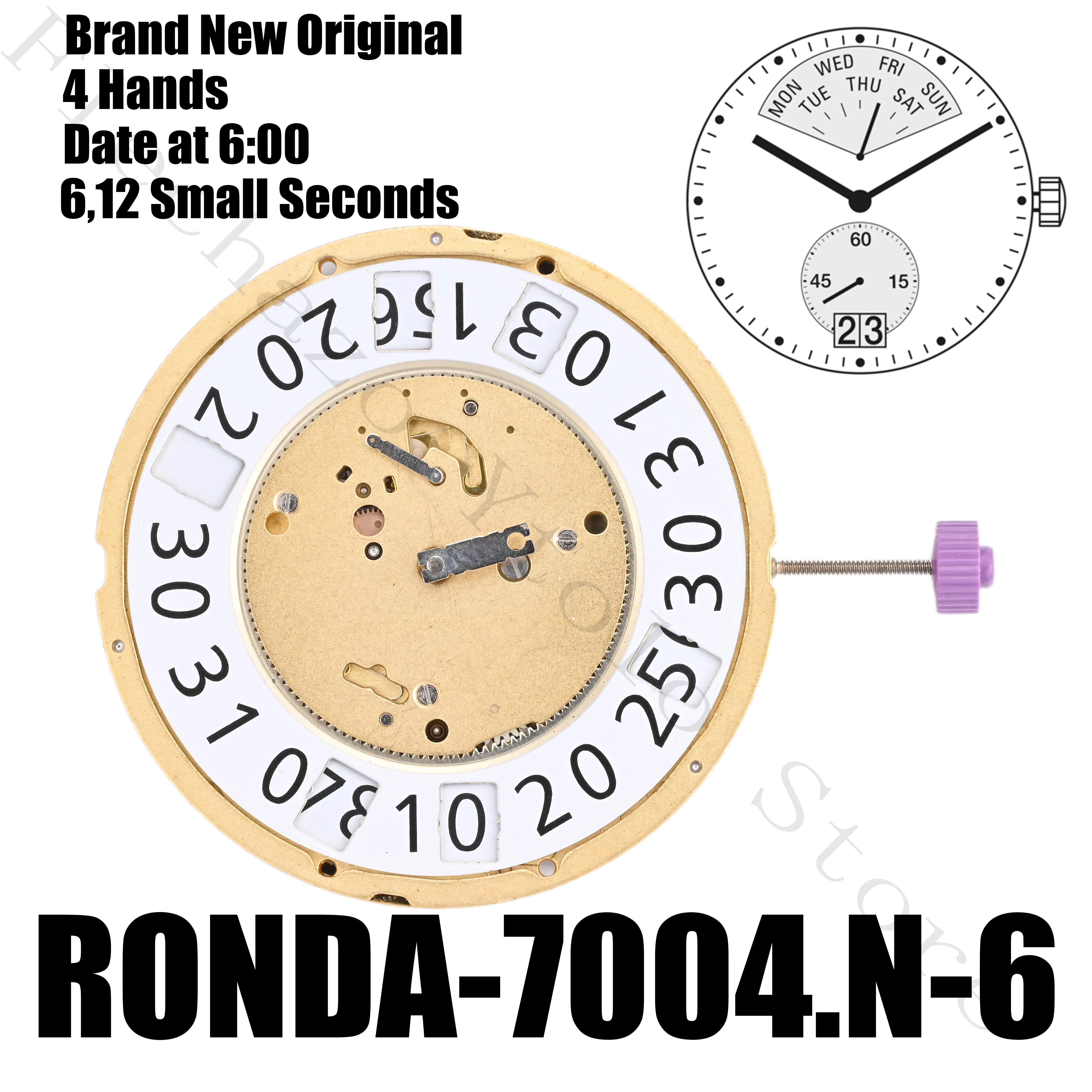 

Genuine 7004N Movement Ronda 7004 Movement Day Retrograde Watches Long Battery Life 48 Months 6 Jewels Gold plated Original