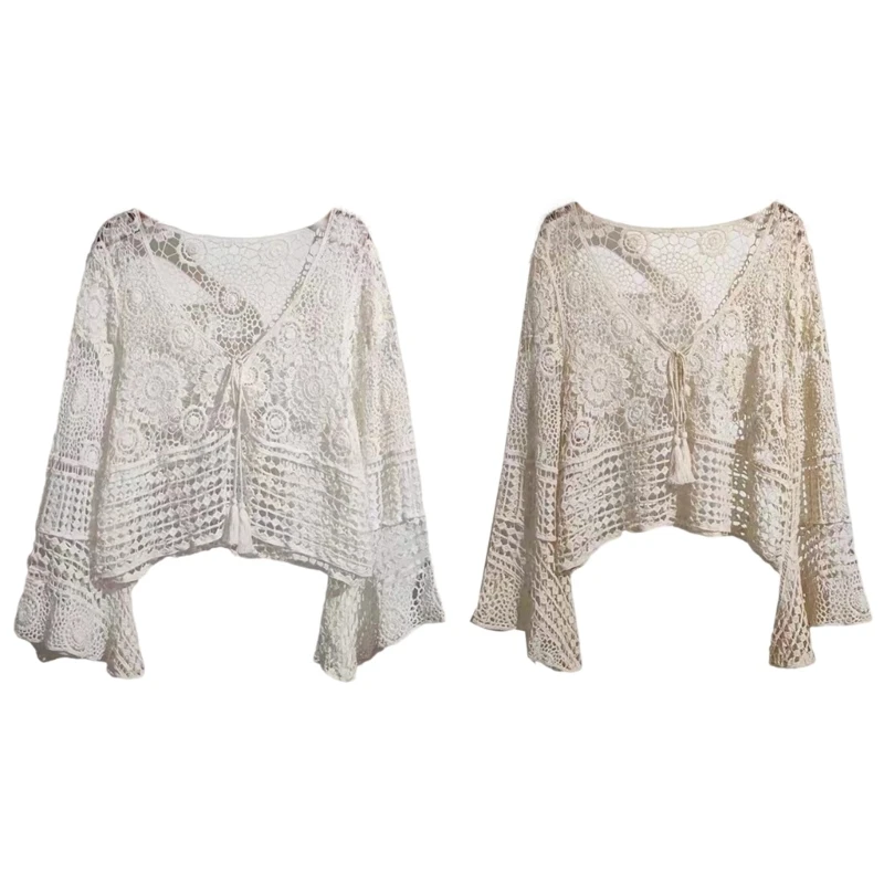 Hollowed Crochet Knitted Cover Up for Women Flared Long Sleeve Pullover Crop Top N7YE