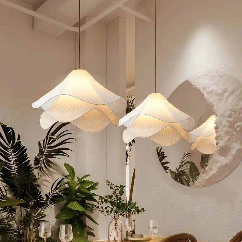 

French Cream Style Fabric Pendant Light Flower Shape Art Chandelier for Living Kids Dining Room Hanging Lamp Indoor Decor Light