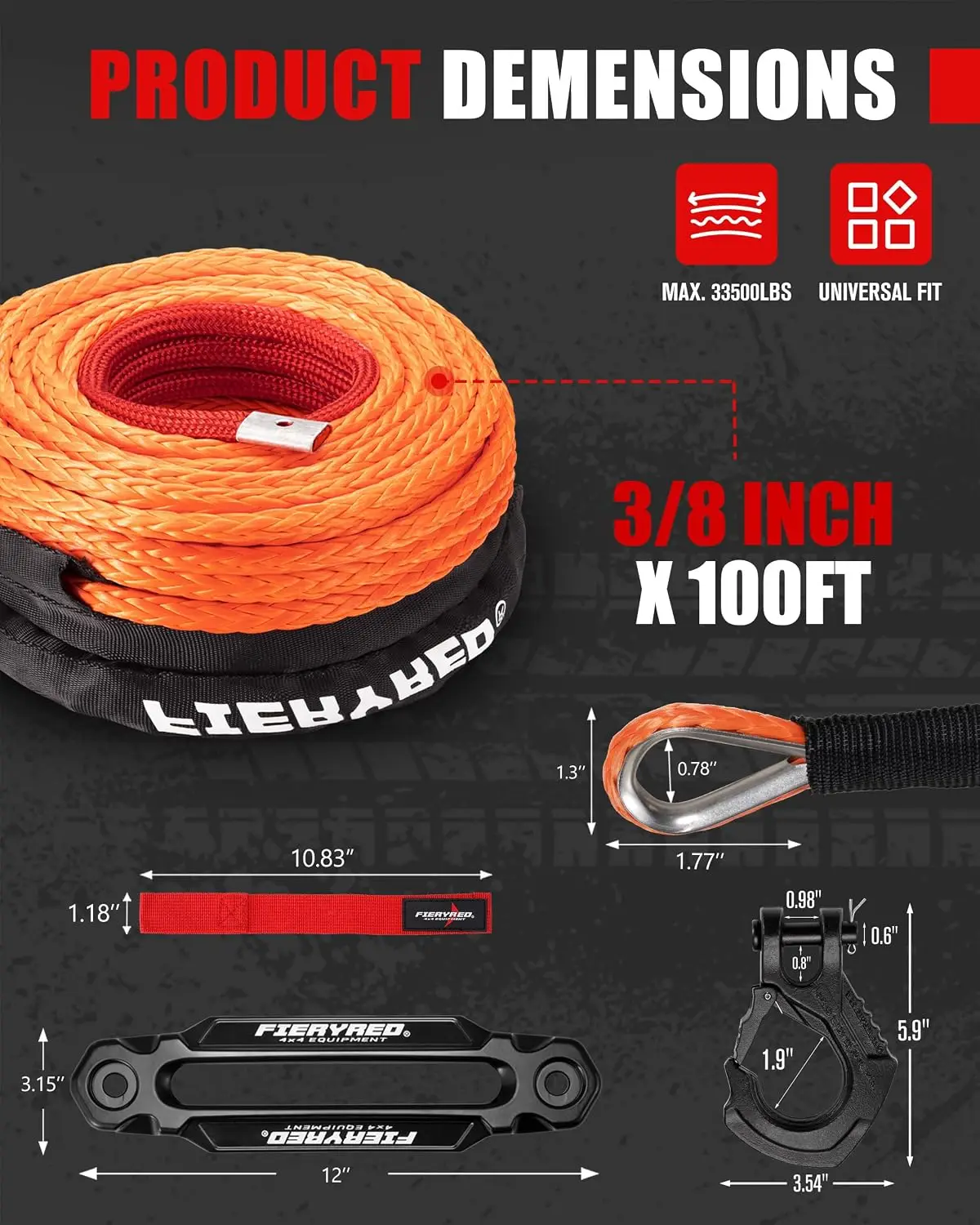 Synthetic Winch Rope 3/8 Inch 100FT - 26500Ibs Winch Line Cable Rope with Winch Hook Fairleads for 4WD Off Road Vehicle ATV