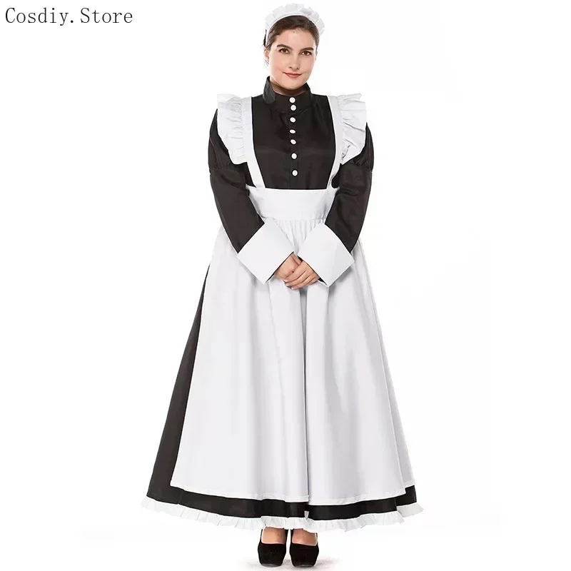 S-XXL Colonial Victorian Maid Halloween Costume Women Servant Festival Carnival Cotton Dress Housekeeper Apron Outfit For Adult