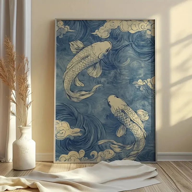 

Retro Blue Japanese Koi Canvas Art, Minimalist Wall Decoration, Cloud Wave Design, Modern Aesthetic Home Decoration