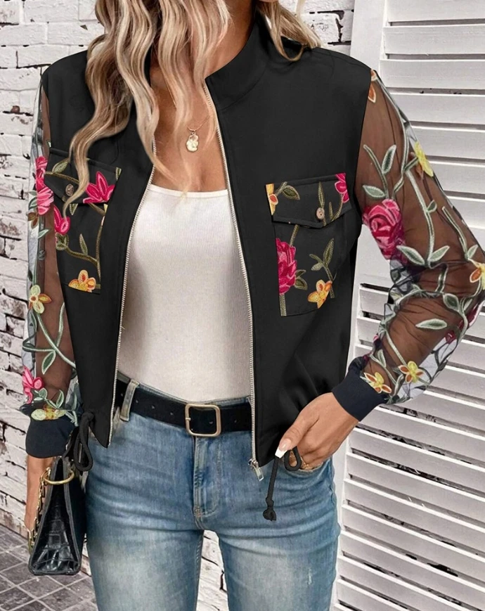 Floral embroidery stand up collar transparent mesh long sleeved jacket with zipper drawstring casual jacket with pockets