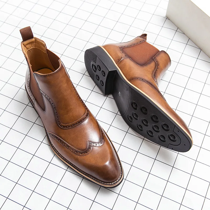 

Men Boots Leather Chelsea Boots British Style Business Brogue Dress Shoes New Party Ankle Boots High Quality High Top Men Shoes