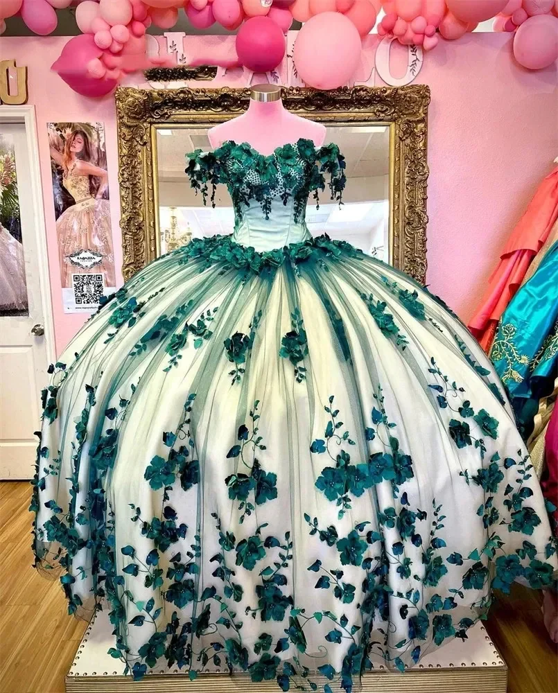 Vestidos De quinceañera con hombros descubiertos, flores 3D, encaje, tren Formal De corte, fiesta De cumpleaños, Princesa, 15 años