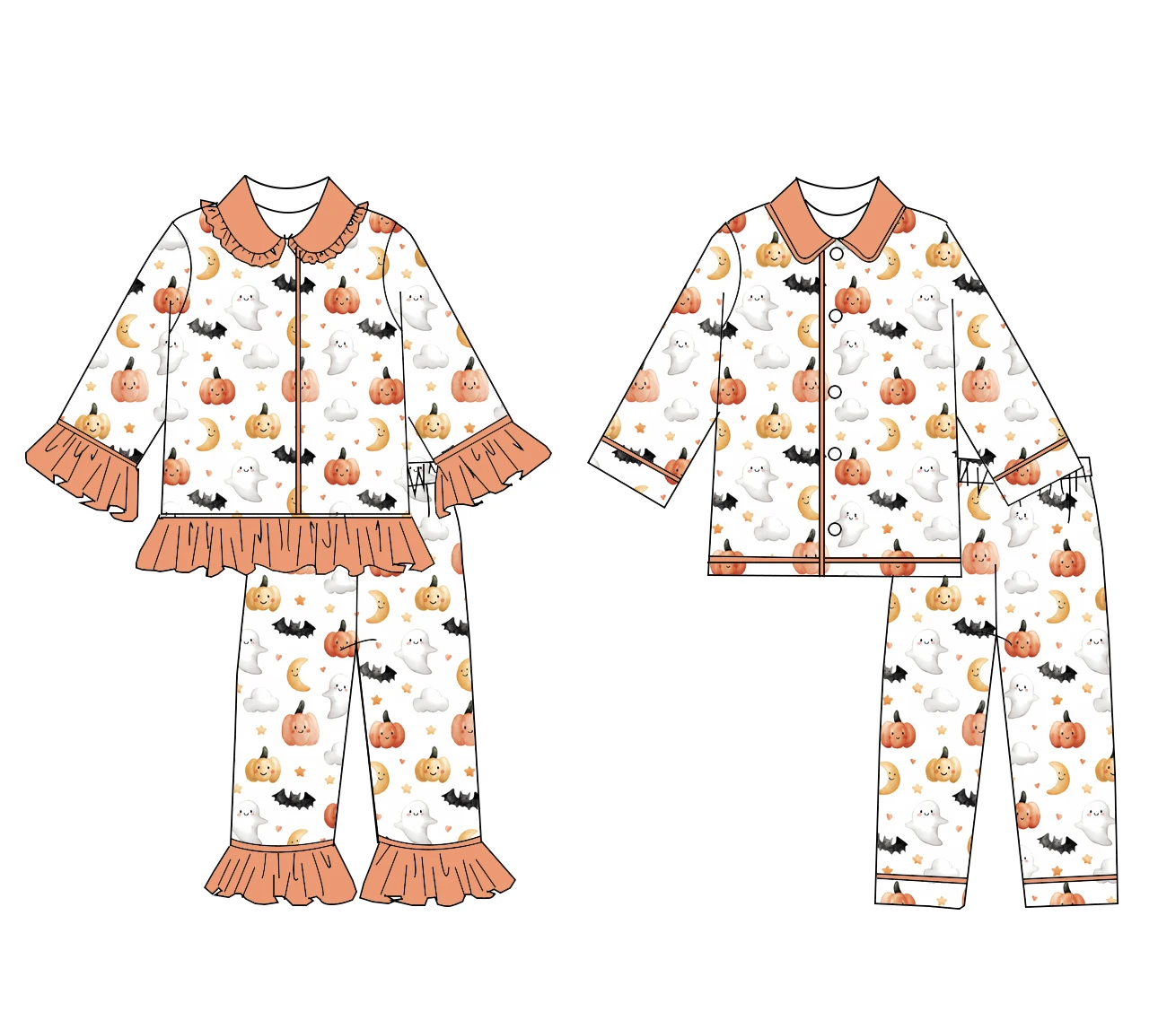 

Halloween latest design pumpkin print boys and girls autumn long sleeve long pants lapel pajamas boutique set