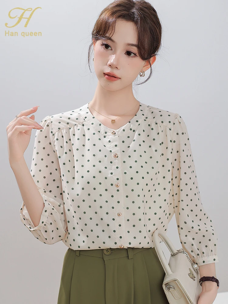 H Han Queen 2024 Autumn Tops Simple Office Chiffon Blouse Elegant Dots Shirt Casual Korean Style Loose Blouses Women Clothing