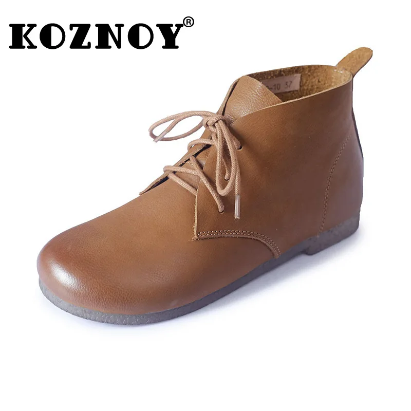 

Koznoy 2cm Retro British Cow Genuine Leather Spring Autumn Ankle Boots Woman Flats Comfy Concise Lace Up Ladies Round Toe Shoes