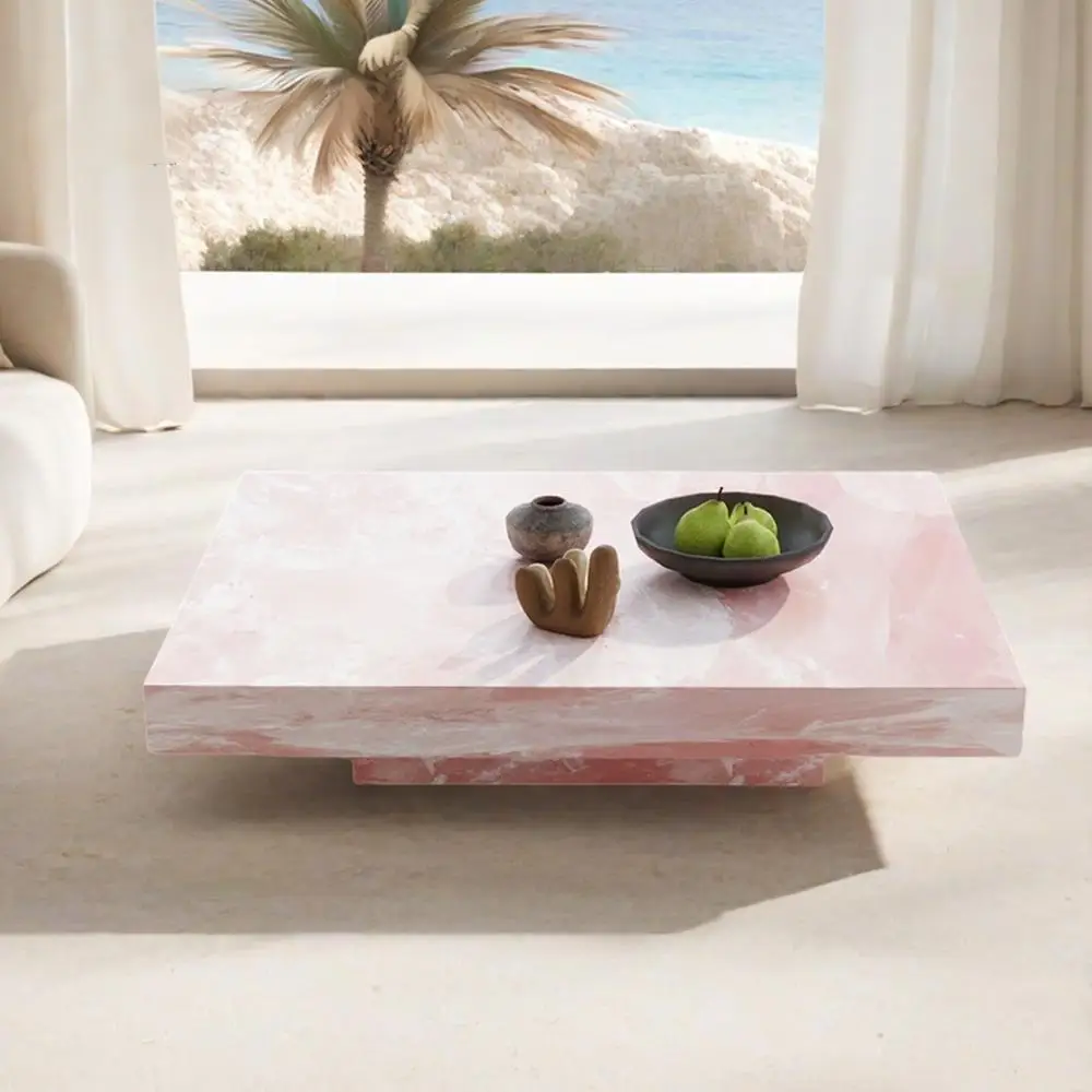 "Pink Jade Marble Coffee Table - Luxury Stone Square Tea Table,