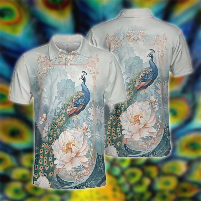 3D Printed Animal Peacock Polo Shirt For Men Women Dazzling Peafowl T-Shirts Summer Lapel Tops Street Loose Short Sleeve Tees