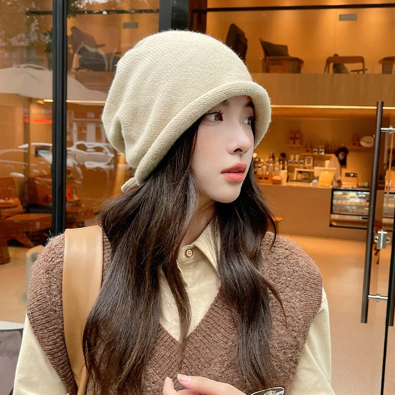 Knitted Bonnet Hoods Female Winter Warm Baggy Slouchy Beanies Hat Women Fashion Drawstring Pullover Cold Hats for Ladies Winter