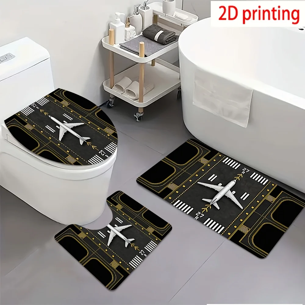 Set of 3 Airplane Runway Bath Mat Set for Bathroom Decor Modern Travel Theme Mat for Toilet and Sink Area