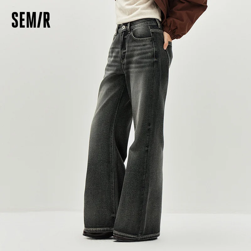 Semir Women Jeans Belted Fleece Lined Flared Loose Fit Distressed Wash 2026 Vintage HighWaist Streetwear Denim Pants