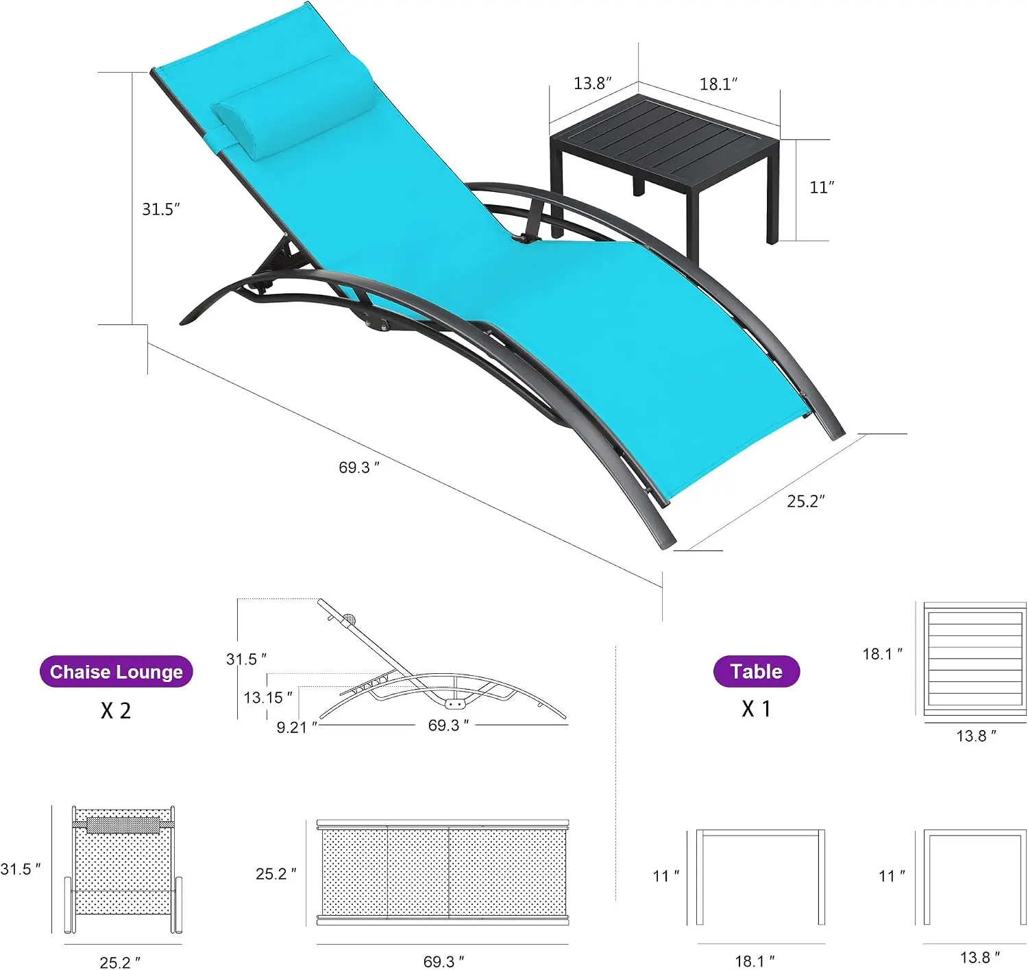 Patio Pool Lounge Chaise Set Of 3 Outdoor Chair Set Turquoise Blue Reclining Lounge Chair With Table Aluminum Frame UV Textilene Fabric 5 Position Adjustable S Curve Backrest Stackable Lounger