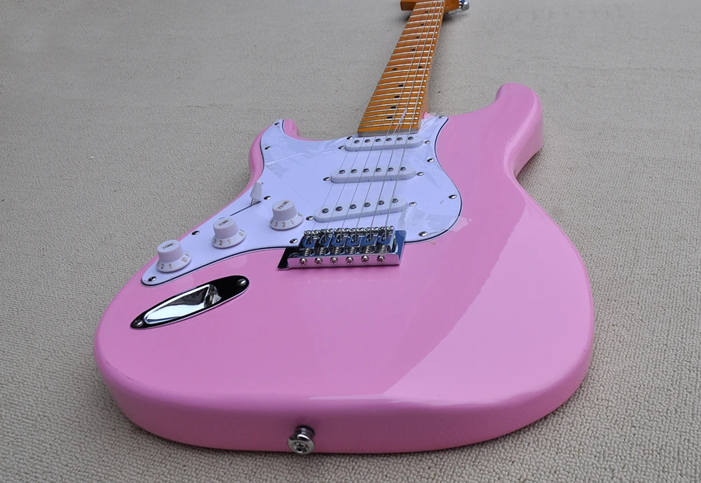 6 Strings Pink Left Hand Electric Guitar with SSS Pickups,yellow Maple Fretboard,Can be Customized